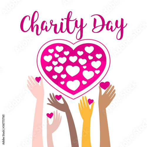 International Charity Day Hands of different nationalities hold hearts as good to others. Vector stock illustration. Congratulatory banner, postcard, motivational print.