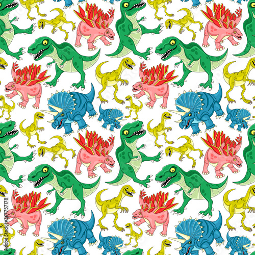 Seamless pattern with funny dinosaurs on white background.