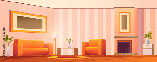 Living room Interior. Vector banner. Retro modern home interior design and decor accessories.