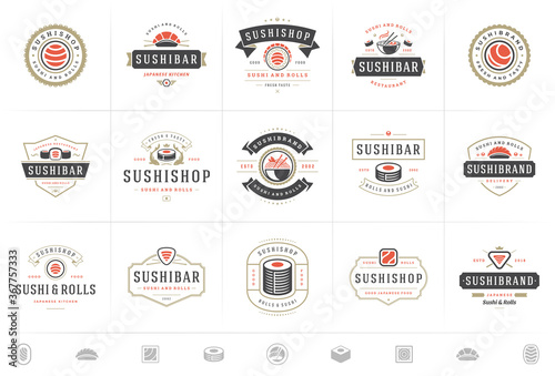 Sushi restaurant logos and badges set japanese food with sushi salmon rolls silhouettes vector illustration