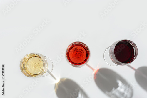 Red, rose and white wine top view