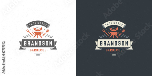 Barbecue logo vector illustration steak house or bbq restaurant menu emblem grill with sausage silhouette