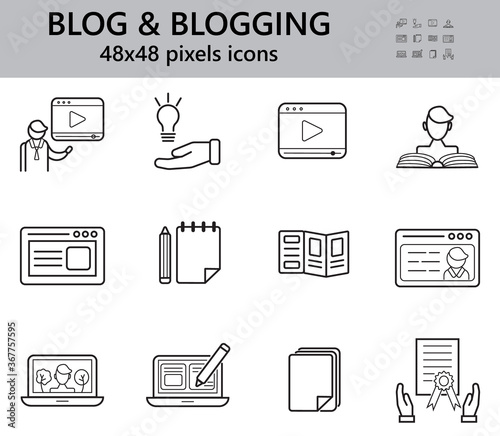 Blogging icons set. Universal writer, copy writing icon to use in web and mobile UI. 48x48 Pixel Perfect. You-tuber and video blogger symbol
