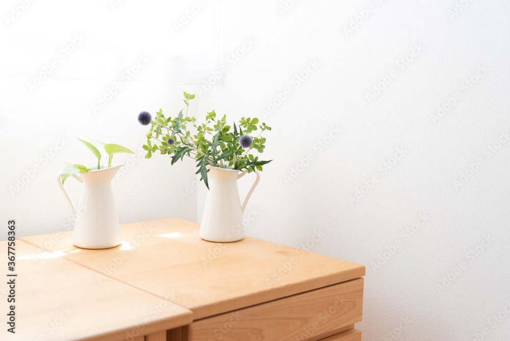 夏　明るい窓辺の木製デスクと観葉植物　白背景　壁　部屋　室内　明るい　爽やか　ライフスタイル　余白　コピースペース　文字スペース