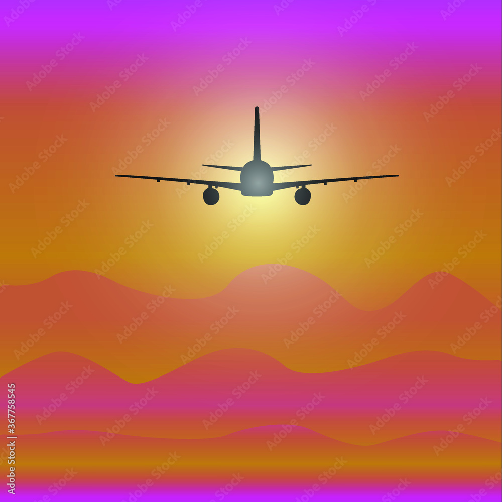 Airplane flying on sunset purple sky background, vector illustration