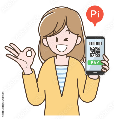 スマホ決済の説明をする若い女性のイラスト