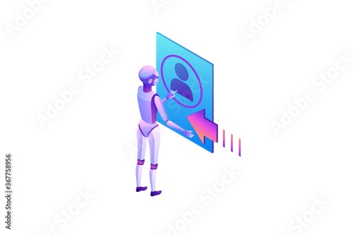 Robotic process automation landing page template with robots working with data, login to website, extracting information from internet, digital technology service, 3d isometric vector illustration