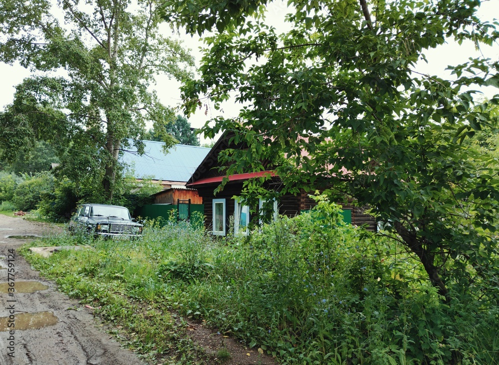 wooden house near a dirty street among green grass and trees wooden house near a dirty street among green grass and trees