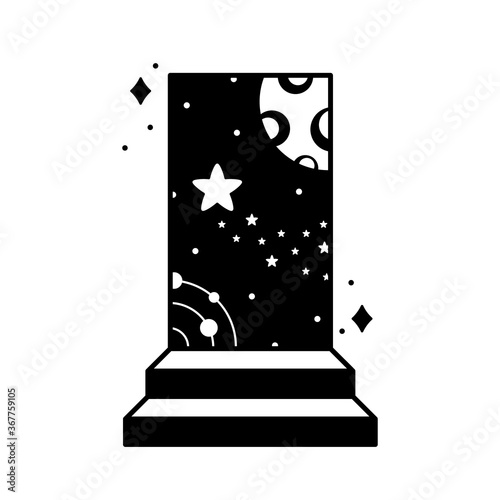 Stair with doorway in cosmos. New possibility or open your mind concept. Black illustration of space exploration, virtual travel, world discovery, progress. Outline silhouette vector for print, poster