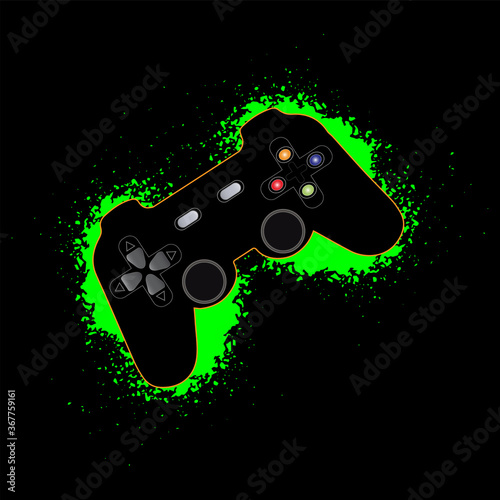 Vector illustration with black gaming joystick and orange outline on green spot spray effect.