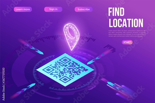 GPS navigation by using QR code, mobile application to find location on the map, tag scanning to identify the place, 3d isometric vector illustration, landing page template