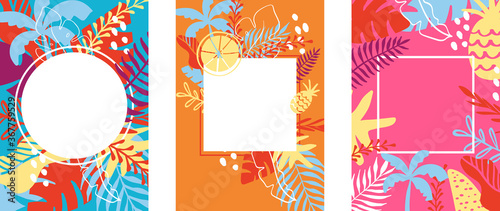Summer card Holiday and Summer Camp poster with place for text. Traveling template poster, vector illustration. Colored party poster with palm leaves. Background with place for your text