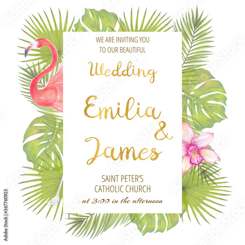 Watercolor template for wedding invintation with illustration of pink flamingo bird with pink orchid flower, fan palm, fhilodendron, areca palm.