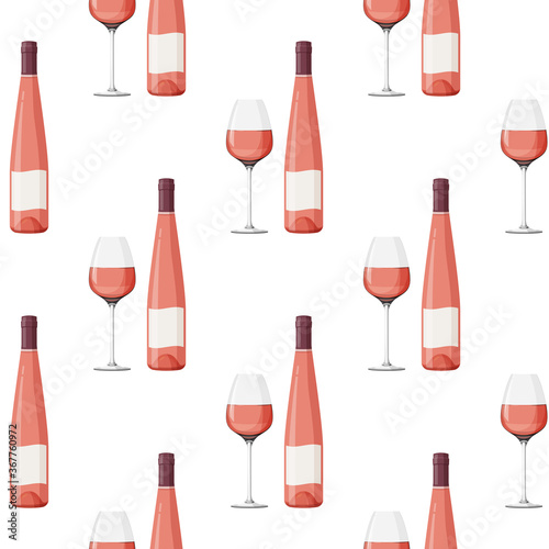 Elongated glass bottle and glass of rose wine background. Seamless pattern with alcohol drink.