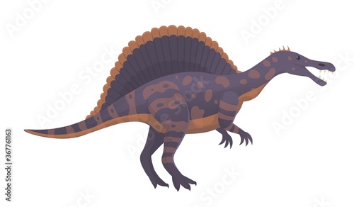 Spinosaurus meaning "spine lizard" . Vector cartoon dinosaur.