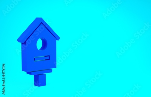 Blue Bird house icon isolated on blue background. Nesting box birdhouse, homemade building for birds. Minimalism concept. 3d illustration 3D render.