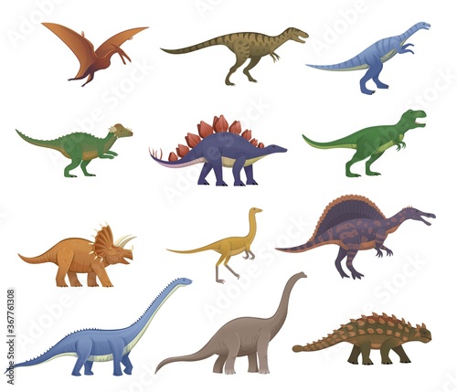 Big set of cartoon dinosaurs. Pterodactylus, ankylosaurus, stegosaurus, pachycephalosaurus, spinosaurus, tyrannosaurus, tarbosaurus, triceratops, gallimimus, amphicoelias, diplodocus, plateosaurus © NADEZHDA