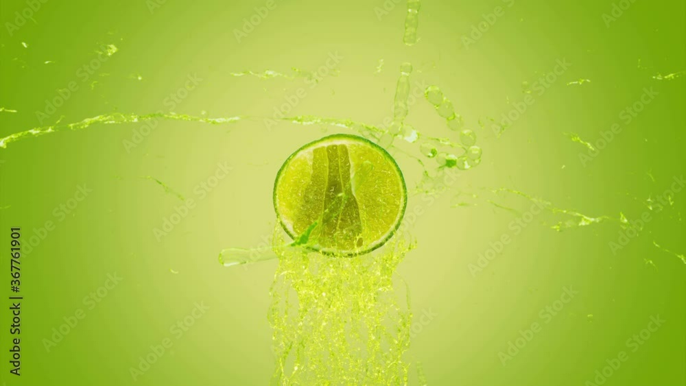 3D Rendering Splash Fresh Lime Lemon Juice. Explosion Lime Lemon juice liquid with Lemon fruit on fresh green background. 3D Render.