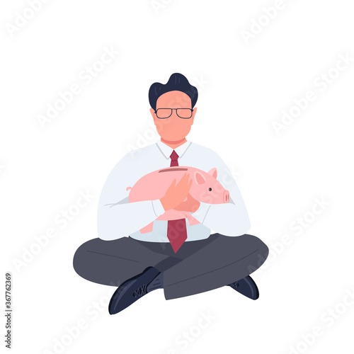 Man holding piggy bank flat color vector faceless character
