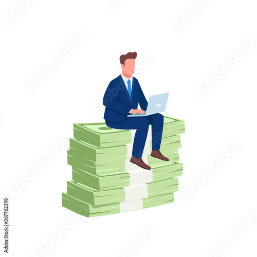 Investor sitting on pile of money flat concept vector illustration
