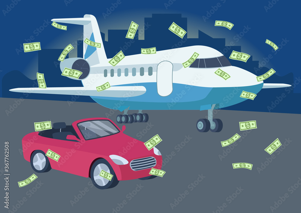 Car and plane with money rain flat color vector illustration Car and plane with money rain flat color vector illustration