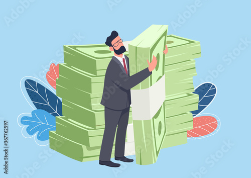 Businessman hugging big cash pack flat concept vector illustration