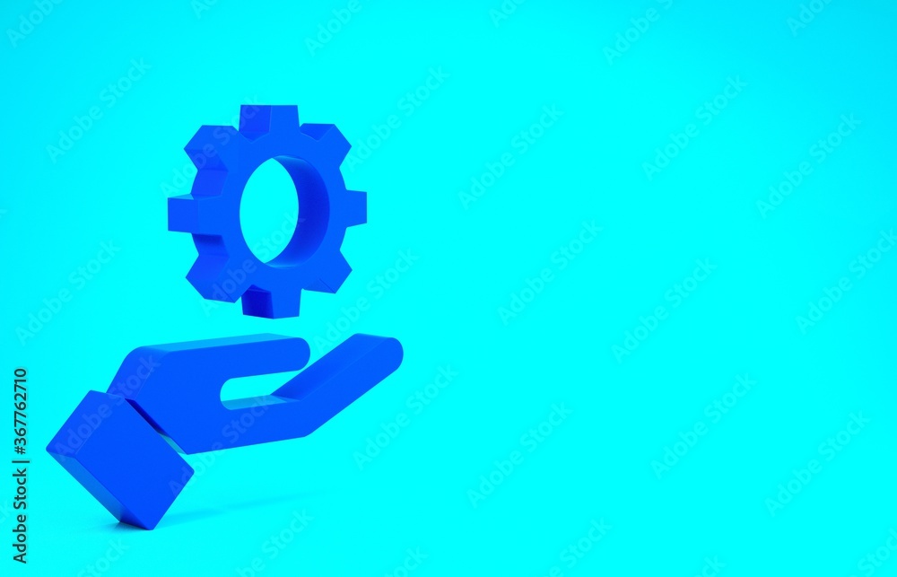 Blue Settings in the hand icon isolated on blue background. Minimalism concept. 3d illustration 3D render.
