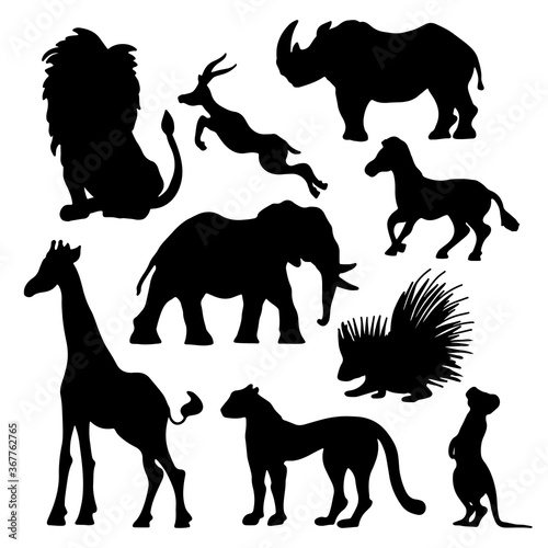 African animals silhouette, isolated on white background. South wildlife collection.