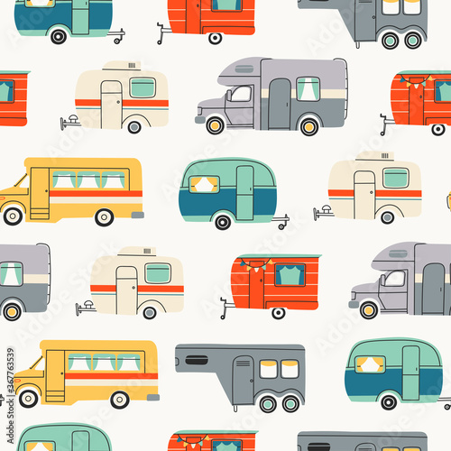 Colorful Campers RV. Various road home Trailers. Recreational vehicle. Camping caravan cars. Holiday trip concept. Mobile home for country and nature vacation. Vector Seamless pattern