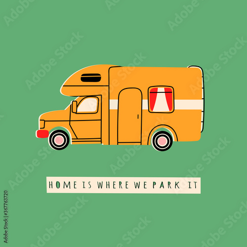 Colorful Camper RV. Road home Trailer. Recreational vehicle. Camping caravan car. Holiday trip concept. Mobile home for country and nature vacation. Vector Hand drawn illustration. Pre-made card