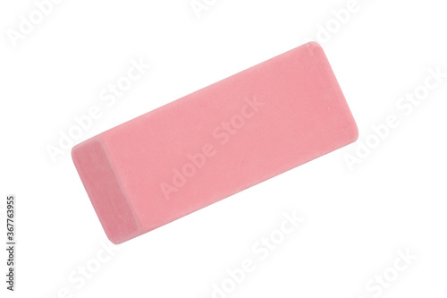 Pink rubber eraser isolated on white photo