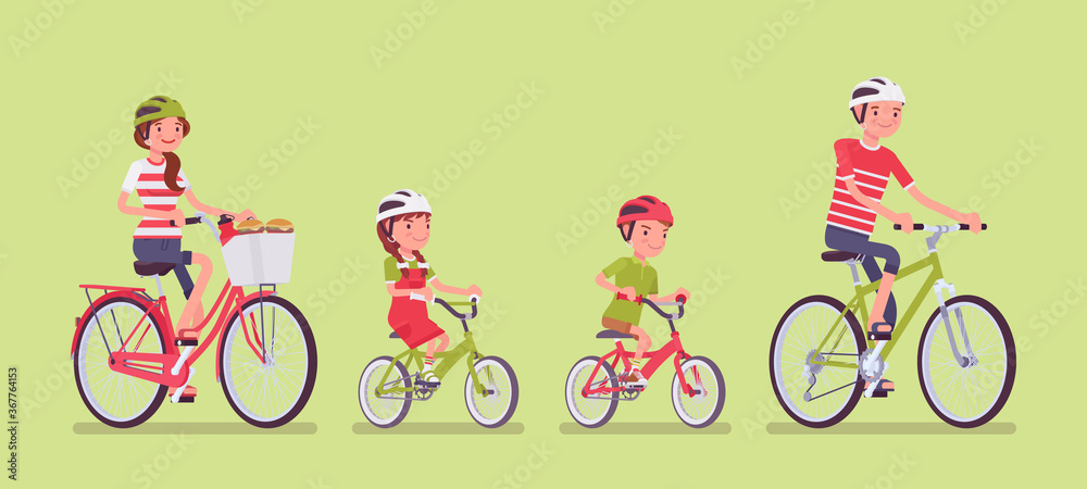 Happy family enjoying bike ride. Father, mother, son and daughter together in a sport activity riding bicycles. Positive friendly outdoor recreation or fun. Vector flat style cartoon illustration - obrazy, fototapety, plakaty 