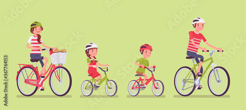 Happy family enjoying bike ride. Father, mother, son and daughter together in a sport activity riding bicycles. Positive friendly outdoor recreation or fun. Vector flat style cartoon illustration