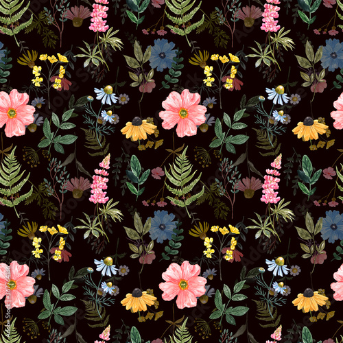 Watercolor cute wildflowers seamless pattern. Small summer flowers, grass, he...