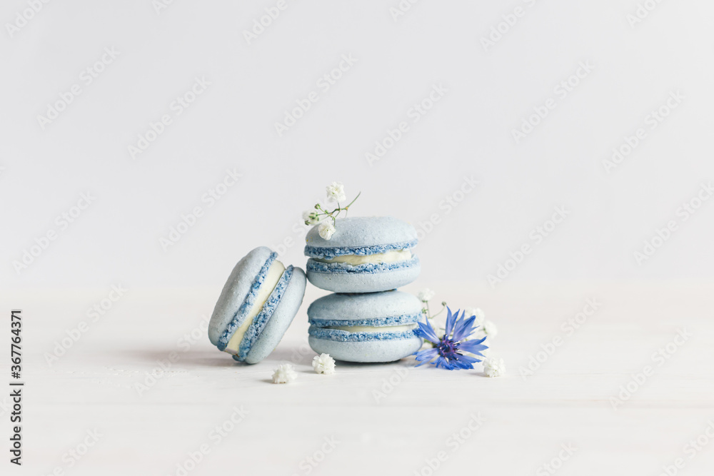 Fototapeta premium Tasty blue french macarons with flowers on a white wooden background.
