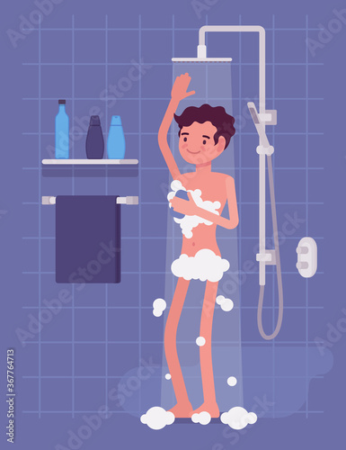Man taking a relaxing shower and soaping with foam. Guy standing in a bathroom, enjoy having morning personal hygiene routine and healthy pleasure spa procedure. Vector flat style cartoon illustration