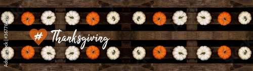 Happy Thanksgiving background banner panorama - Top view from different autumnal orange and white colorful pumpkins on old rustic wooden pallet and hand drawing lettering