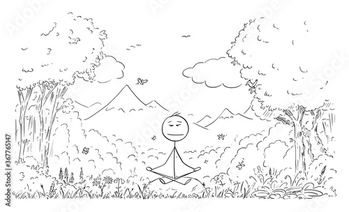 Vector cartoon stick figure drawing conceptual illustration of man meditating surrounded by nature, trees, flowers, plants, birds and butterflies.
