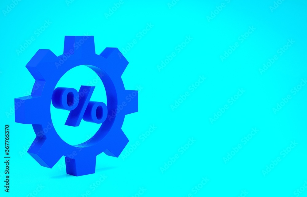 Blue Gear with percent icon isolated on blue background. Minimalism concept. 3d illustration 3D render. Blue Gear with percent icon isolated on blue background. Minimalism concept. 3d illustration 3D render.