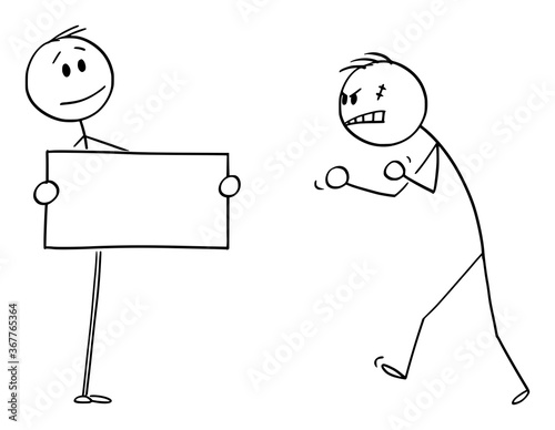 Vector cartoon stick figure drawing conceptual illustration of confident person facing aggressive angry violent man with empty sign in hands.
