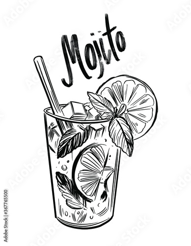 Mojito cocktail.  Black outline on transparent background