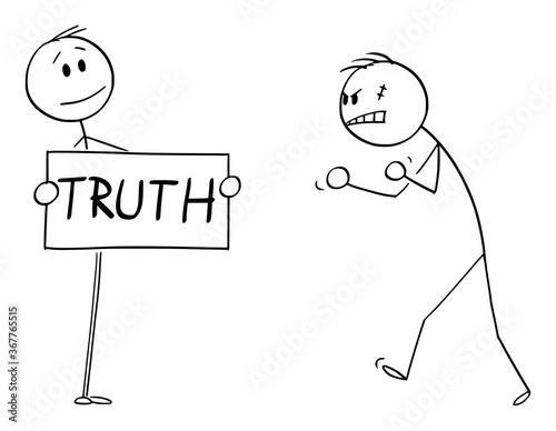 Vector cartoon stick figure drawing conceptual illustration of confident person facing aggressive angry violent man with truth sign in hands.