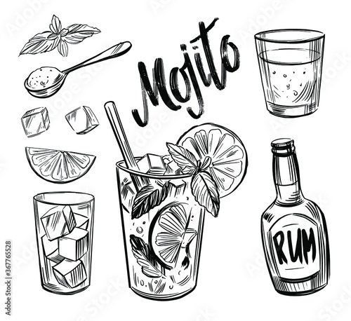 Mojito cocktail.  Black outline on transparent background