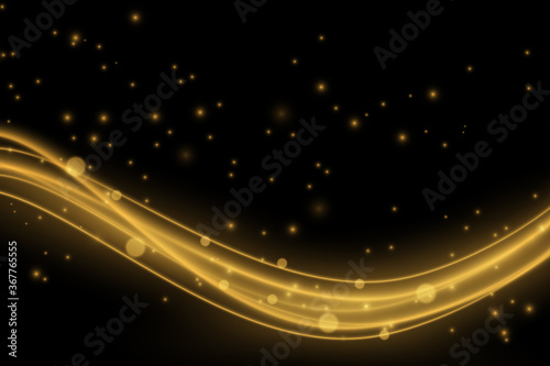 Light effect with glowing gold wavy lines and sparkles isolated © A_stock