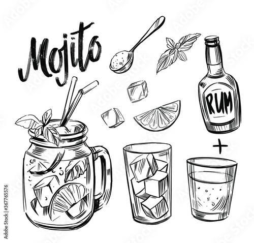 Mojito cocktail.  Black outline on transparent background