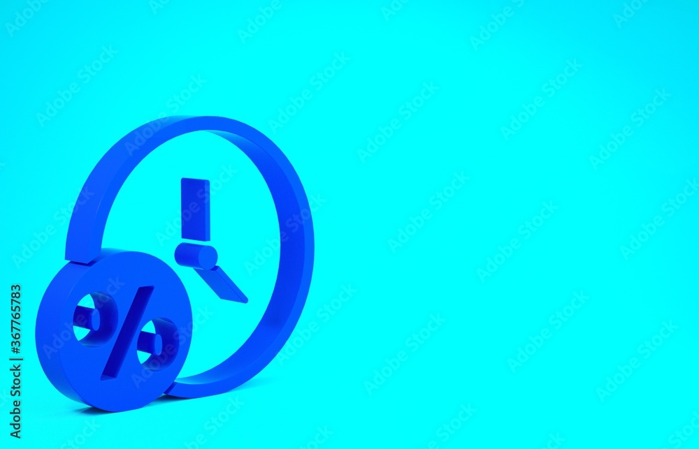 Blue Clock and percent icon isolated on blue background. Minimalism concept. 3d illustration 3D render. Blue Clock and percent icon isolated on blue background. Minimalism concept. 3d illustration 3D render.