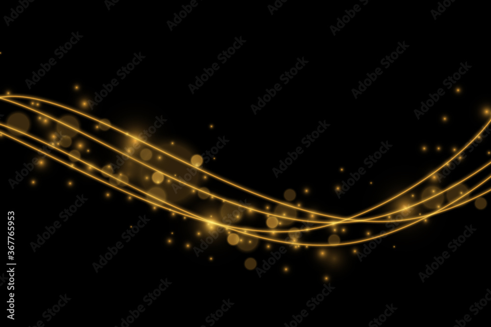 Light effect with glowing gold wavy lines and sparkles isolated - obrazy, fototapety, plakaty 