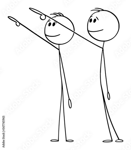 Vector cartoon stick figure drawing conceptual illustration of two men or businessmen showing, pointing or presenting something far, tall or high above them.