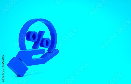 Blue Discount percent tag icon isolated on blue background. Shopping tag sign. Special offer sign. Discount coupons symbol. Minimalism concept. 3d illustration 3D render.