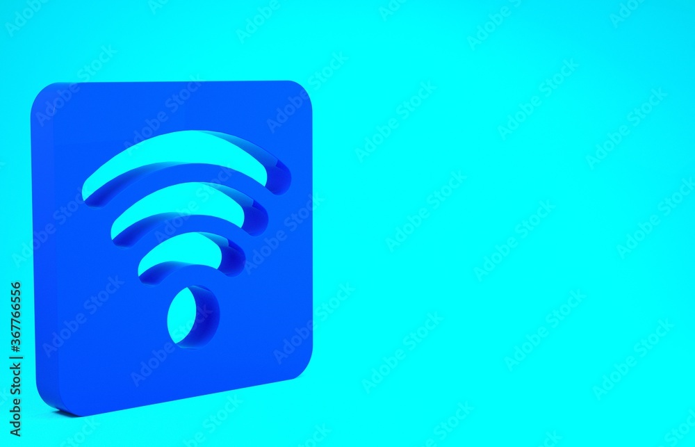 Blue Wi-Fi wireless internet network symbol icon isolated on blue background. Minimalism concept. 3d illustration 3D render.